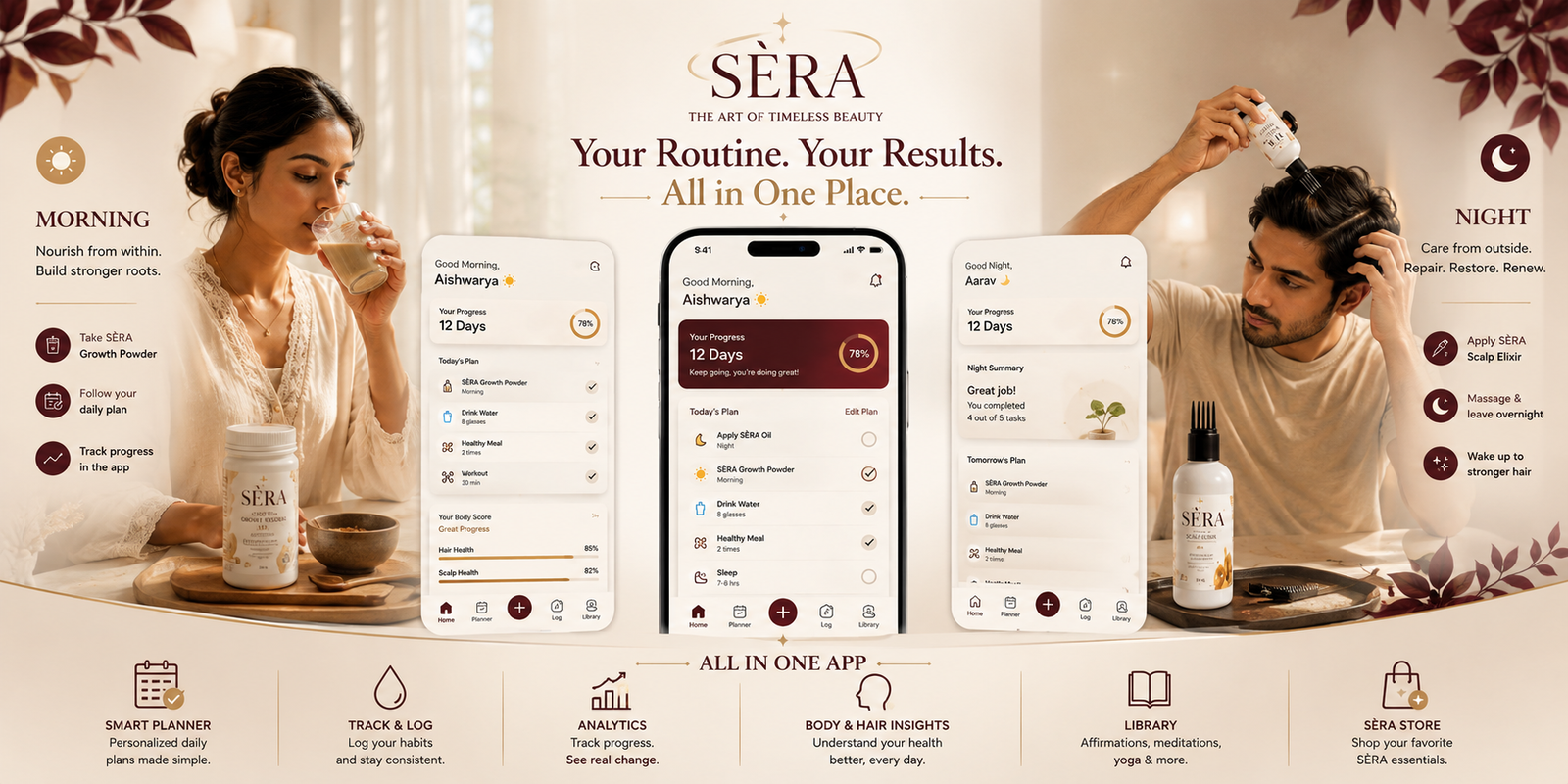 S&Egrave;RA app routine, progress, planner, and night-care tracking screens