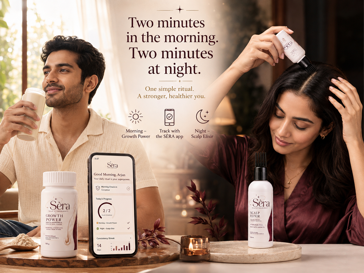 S&Egrave;RA two-minute morning and night hair health ritual